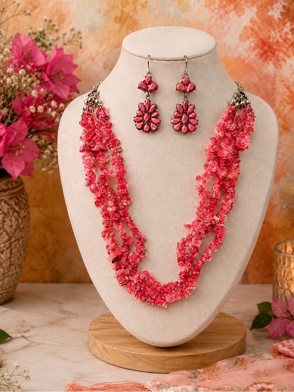 Pink beaded necklace and earring set